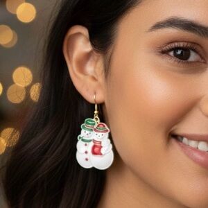Vintage Painted Enamel Snowman Dangle Earrings Christmas Holiday